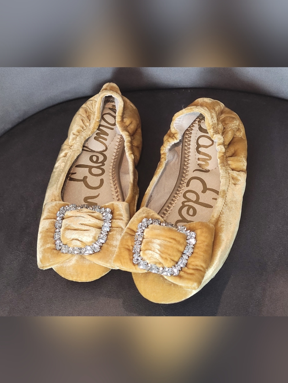 Sam Edelman Girl Velvet Ballet Flats in Mustard with Crystal Buckle..NO BOX